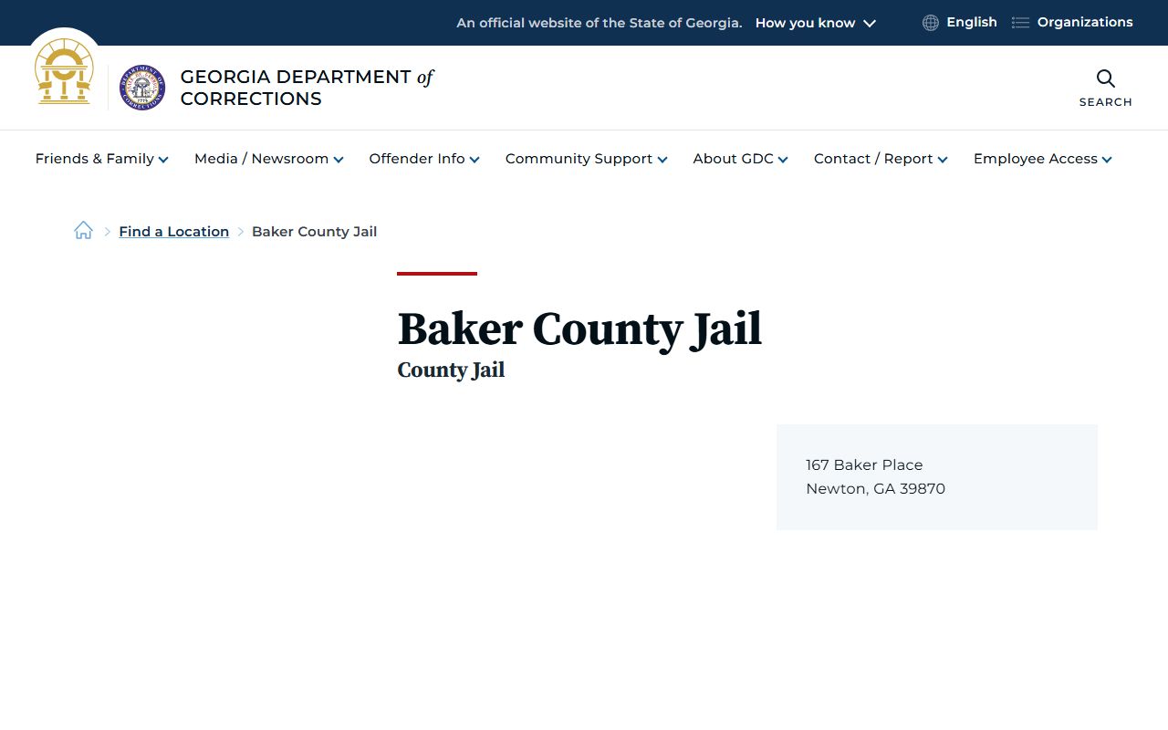 Baker County inmate lookup GDC Baker County Jail location page